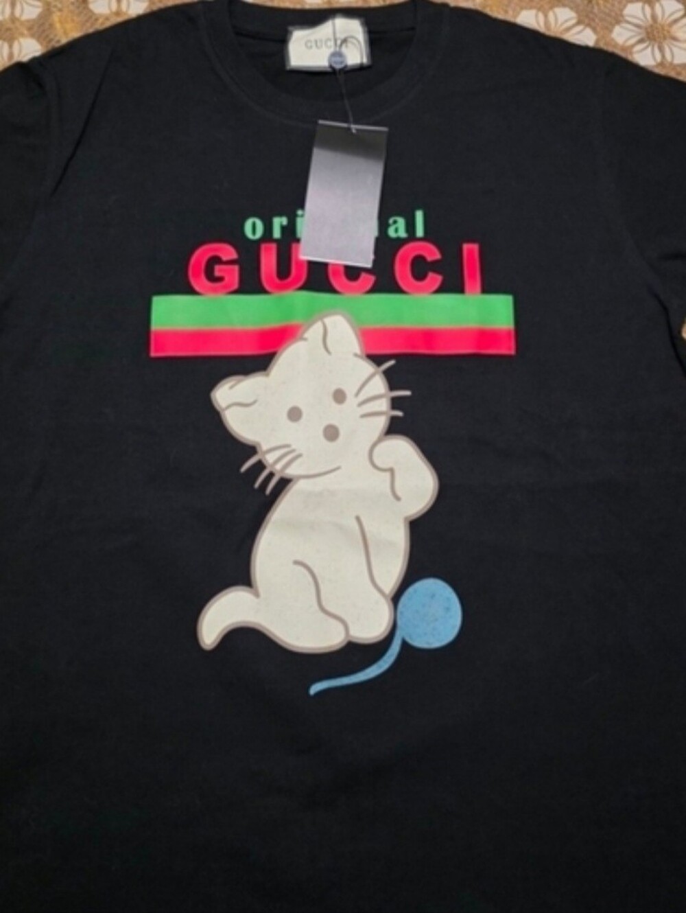 Gucci Black Graphic Cat Tee with Red & Green Stripe